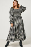 Gingham Print Square Neck Long Sleeve Maxi Dress