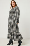 HY5253W BLACK Plus Gingham Smocked Bodice Square Neck Long Sleeve Maxi Dress Front