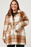 HY5257 BURGUNDY Womens Plaid Button Up Patch Pocket Coat