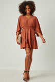 HY5272 BRICK Womens Exaggerated Open Ruffled Dolman Sleeve Dress