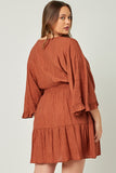 HY5272 BRICK Womens Exaggerated Open Ruffled Dolman Sleeve Dress