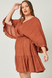 HY5272 BRICK Womens Exaggerated Open Ruffled Dolman Sleeve Dress