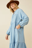 HY5348 DARK DENIM Womens Smock Detail Tie Neck Long Sleeve Tencel Dress Side