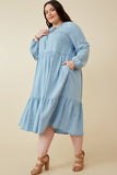 HY5348W DENIM Plus Smock Detail Tie Neck Long Sleeve Tencel Dress Side