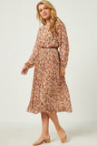 HY5426W BROWN Plus Pleated Skirt Floral Printed Dress Side