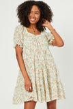 Pleated Floral Print Square Neck Tiered Dress