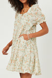 Pleated Floral Print Square Neck Tiered Dress