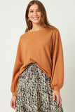 HY5549 BROWN Womens Solid Waffle Knit Textured Slouchy Top Front