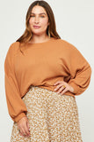 HY5549W Brown Plus Solid Waffle Knit Textured Slouchy Top Full Body