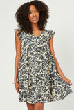 Botanical Print Ruffle Sleeveless Button Detail Dress