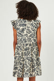 HY5572 Ivory Womens Botanical Print Ruffle Sleeveless Button Detail Dress Back