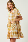 HY5588W MUSTARD Plus Plaid Patch Pocket Button Down Dress Gif