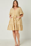 HY5588W Mustard Plus Plaid Patch Pocket Button Down Dress Editorial