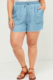 HY5602 Light Denim Womens Distressed Hem Patch Pocket Shorts Front