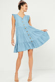 HY5607 LIGHT_DENIM Womens Ruffle Button Down Tiered Dress Pose