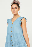 HY5607 LIGHT_DENIM Womens Ruffle Button Down Tiered Dress Detail