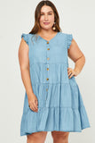 HY5607 LIGHT_DENIM Womens Ruffle Button Down Tiered Dress Front