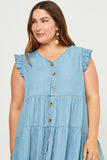 HY5607W Light Denim Plus Ruffle Button Down Tiered Dress Front