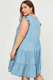 HY5607W Light Denim Plus Ruffle Button Down Tiered Dress Detail