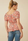 HY5662 Coral Womens Smocked Puff Sleeve Peplum Top Side