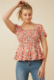 HY5662 Coral Womens Smocked Puff Sleeve Peplum Top Back