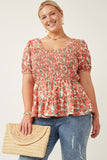 HY5662W Coral Womens Smocked Puff Sleeve Peplum Top Front