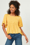 HY5695 Yellow Womens Swiss Dot Ruffled Neck Flutter Sleeve Raglan Peplum Front