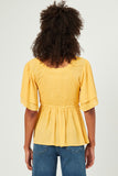 HY5695W Yellow Plus Swiss Dot Ruffled Neck Flutter Sleeve Raglan Peplum Gif