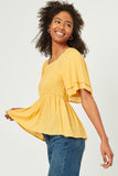 HY5695W Yellow Plus Swiss Dot Ruffled Neck Flutter Sleeve Raglan Peplum Full Body