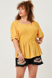 HY5695 Yellow Womens Swiss Dot Ruffled Neck Flutter Sleeve Raglan Peplum Front