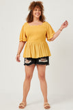 HY5695 Yellow Womens Swiss Dot Ruffled Neck Flutter Sleeve Raglan Peplum Full Body