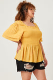 HY5695 Yellow Womens Swiss Dot Ruffled Neck Flutter Sleeve Raglan Peplum Front