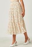 HY5712 Ivory Womens Crinkle Textured Floral Ruffle Midi Skirt Side