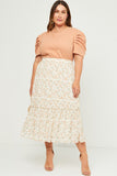 HY5712W Ivory Plus Crinkle Textured Floral Ruffle Midi Skirt Full Body