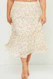 HY5712W Ivory Plus Crinkle Textured Floral Ruffle Midi Skirt Front