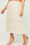 HY5712W Ivory Plus Crinkle Textured Floral Ruffle Midi Skirt Front