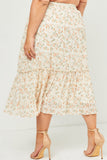 HY5712W Ivory Plus Crinkle Textured Floral Ruffle Midi Skirt Side