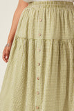 HY5715W Sage Plus Gingham Elastic Waist Button Down Skirt Full Body