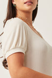 HY5722 Ivory Womens Scoop Neck Puff Sleeve Tie Detail Knit Bodysuit Side