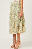 HY5928 Mint Womens Chiffon Floral Tiered Elastic Waist Midi Skirt Side