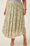 HY5928W Mint Plus Chiffon Floral Tiered Elastic Waist Midi Skirt Full Body