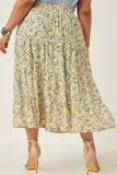 HY5928W Mint Plus Chiffon Floral Tiered Elastic Waist Midi Skirt Front