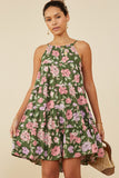 Romantic Floral Halter Neck Tiered Midi Dress