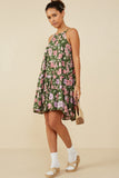 HY5984 Olive Womens Romantic Floral Halter Neck Tiered Midi Dress Gif