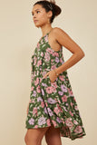 HY5984 Olive Womens Romantic Floral Halter Neck Tiered Midi Dress Full Body