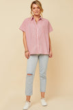 HY5998 Red Womens Contrast Stripe Pocked Oversized Short Sleeve Shirt Full Body