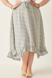 HY6001W Blue Plus Ditsy Floral Ruffled Handkerchief Hem Skirt Full Body