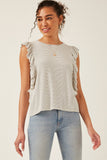 HY6018 Off White Womens Ribbed Stripe Ruffled Tank Front