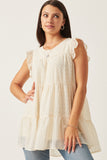 HY6052 Cream Womens Textured Stripe Swiss Dot Ruffled Tiered Top Front