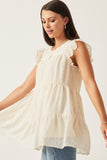 HY6052W Cream Plus Textured Stripe Swiss Dot Ruffled Tiered Top Front